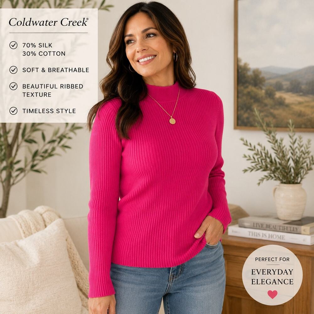 Coldwater Creek Silk Cotton Mock Neck Rib Knit Sweater Pink Long Sleeve S